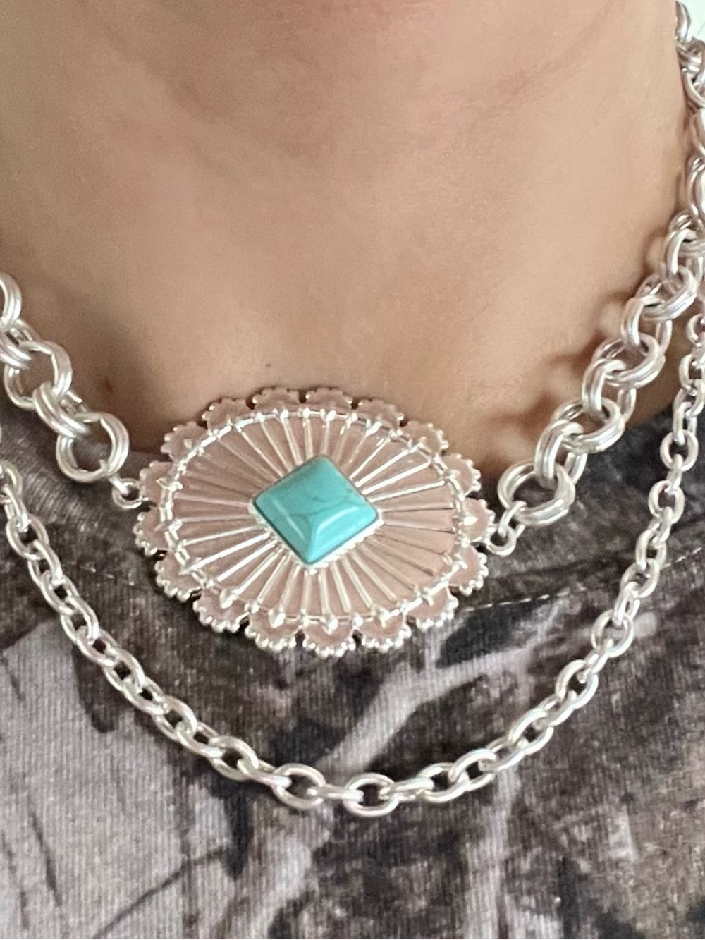 Free People Silver toned Statement Necklace with Turquoise Accent